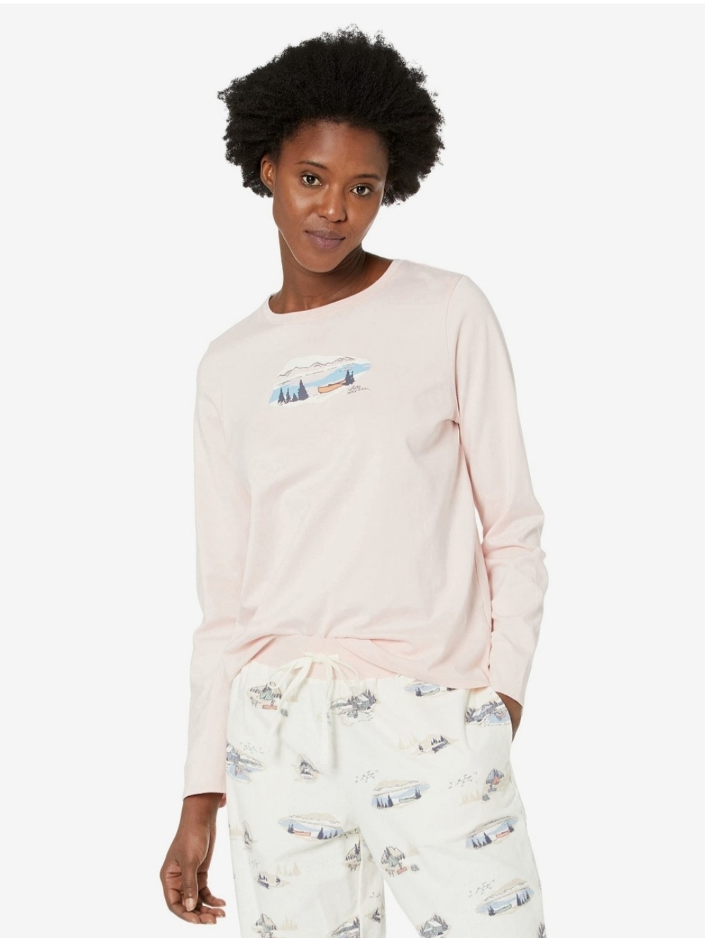 L.L. Bean Pink Long-Sleeve Pajama Top with Scenic Camping Graphic